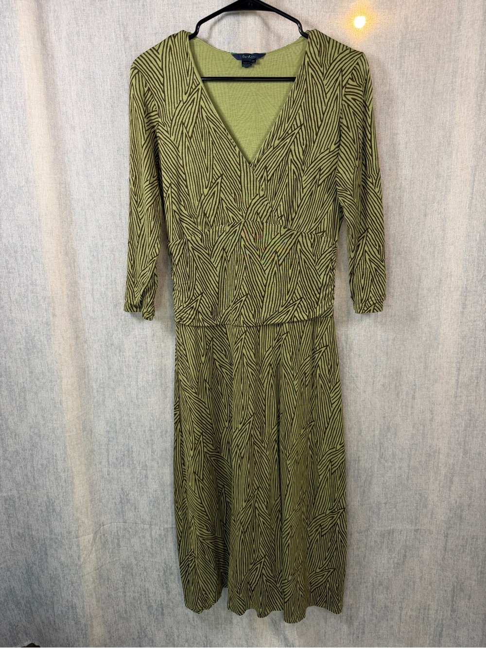 Boden 14L Olive Green Black Zebra Print Faux Wrap Midi Dress Tencel XL
